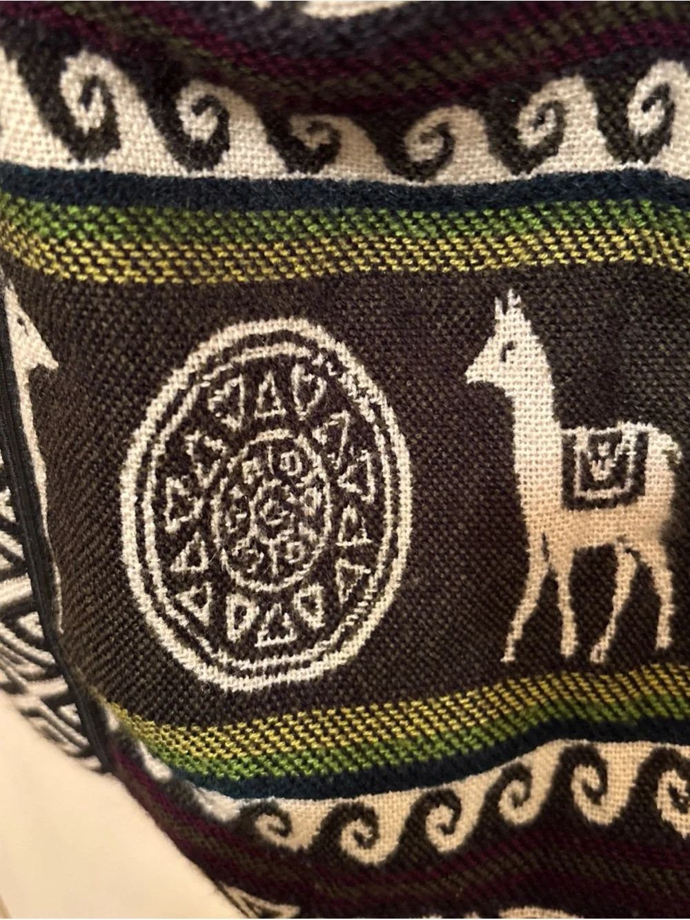 Indigenous Tribal Print Duffel Bag - Black, Cream & Burgundy with animal/lamas.